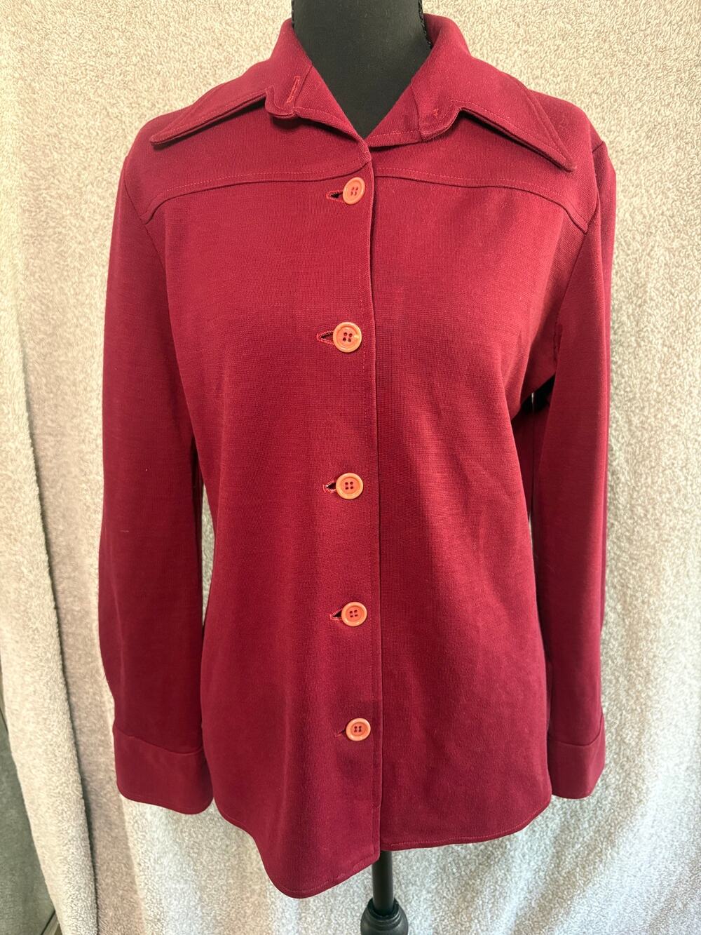 Vintage Burgundy Knit Shirt Jacket 70s Retro Mod Preppy